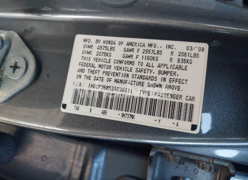 Photo 9 of 2009 Honda Accord 3.5 EX-L (VIN 1HGCP36859A039411)