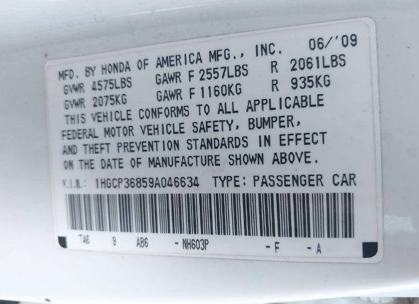 Photo 9 of 2009 Honda Accord 3.5 EX-L (VIN 1HGCP36859A046634)