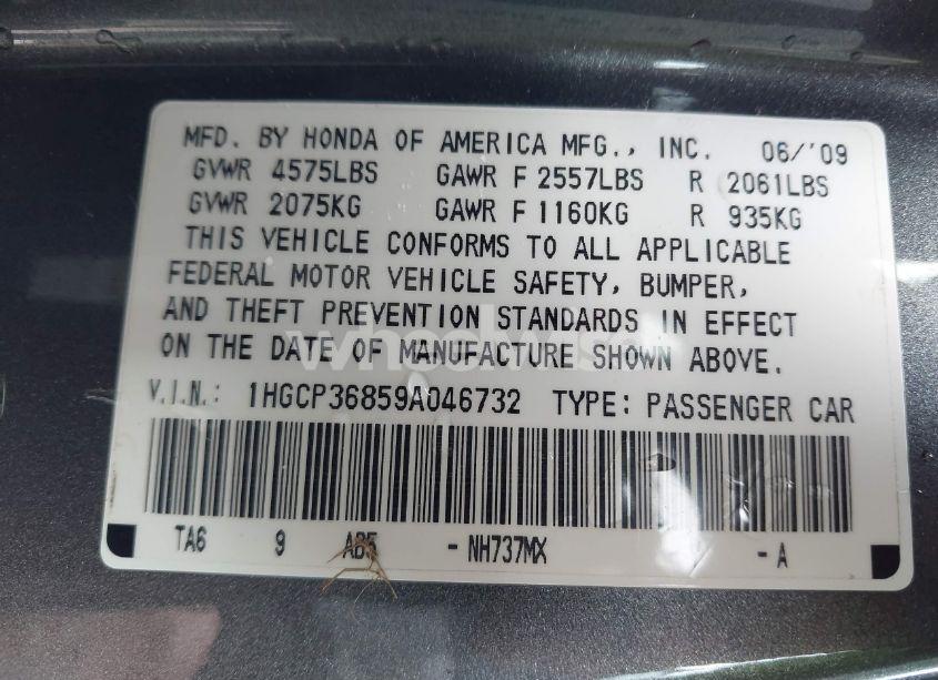 Photo 9 of 2009 Honda Accord 3.5 EX-L (VIN 1HGCP36859A046732)