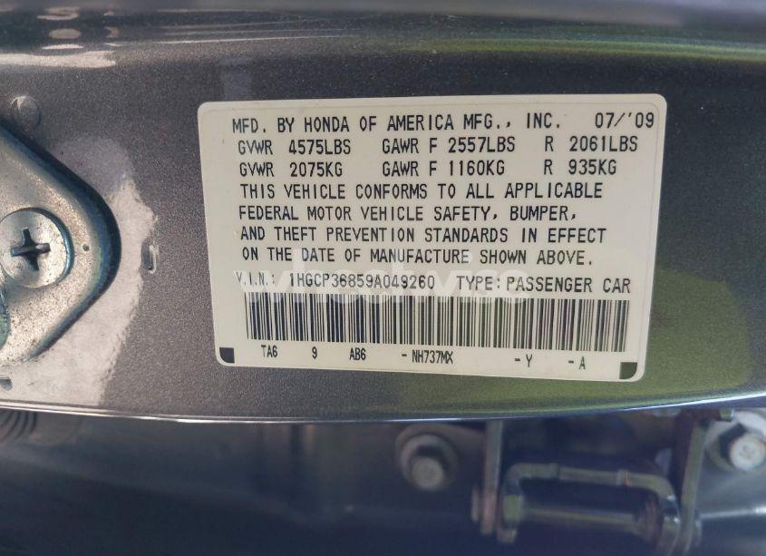 Photo 9 of 2009 Honda Accord 3.5 EX-L (VIN 1HGCP36859A049260)