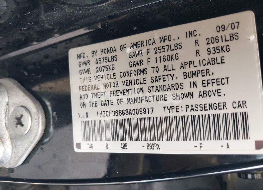 Photo 9 of 2008 Honda Accord 3.5 EX-L (VIN 1HGCP36868A006917)
