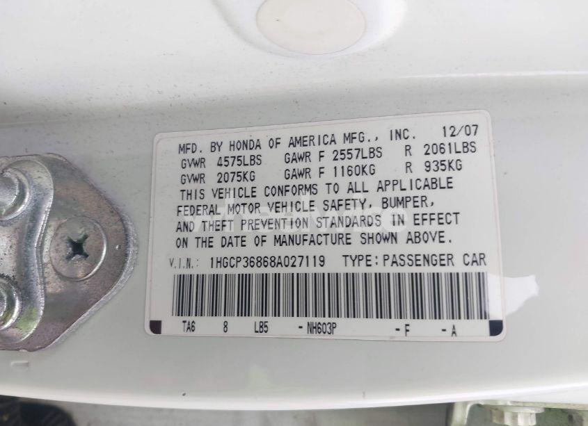 Photo 9 of 2008 Honda Accord 3.5 EX-L (VIN 1HGCP36868A027119)