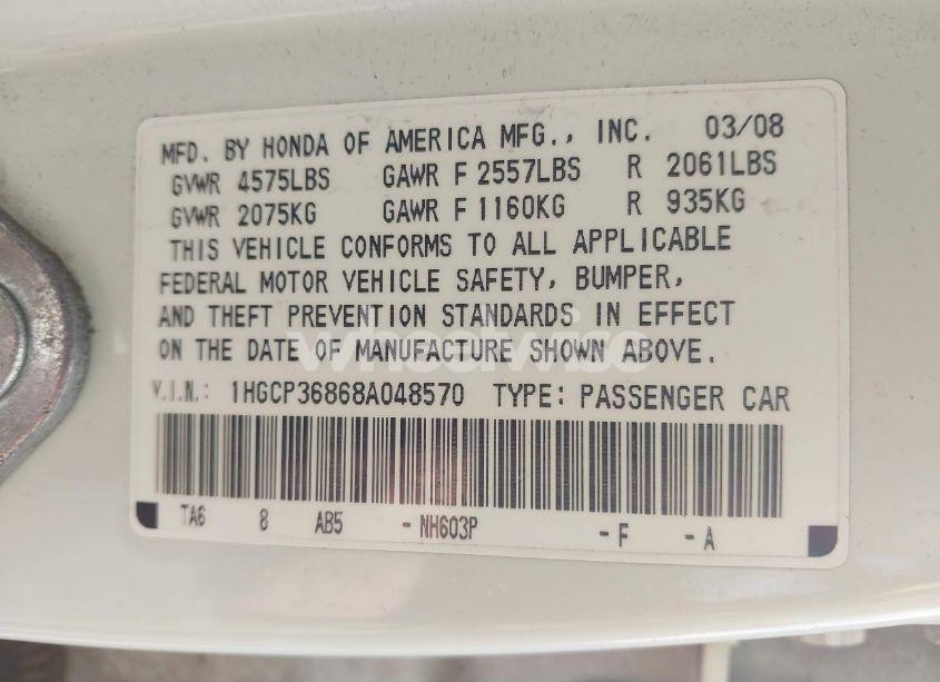 Photo 9 of 2008 Honda Accord 3.5 EX-L (VIN 1HGCP36868A048570)