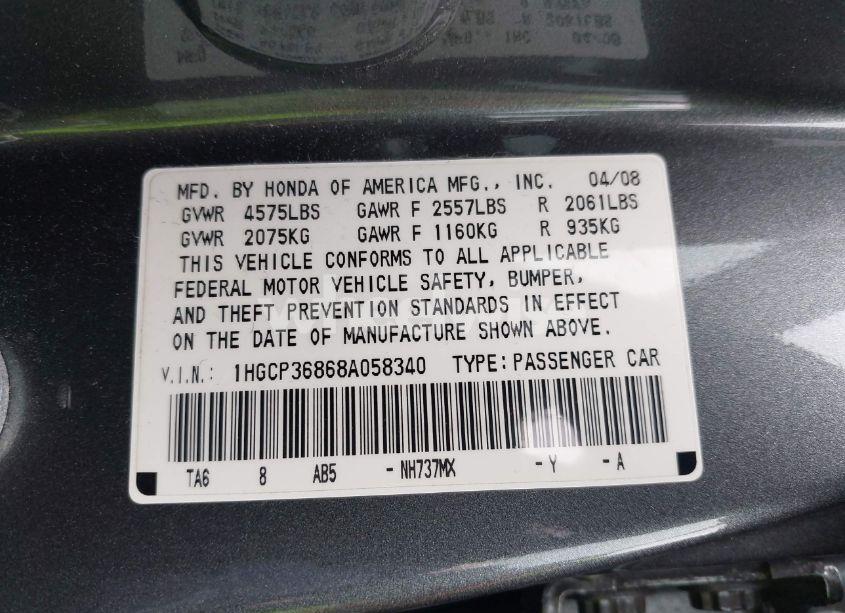 Photo 9 of 2008 Honda Accord 3.5 EX-L (VIN 1HGCP36868A058340)