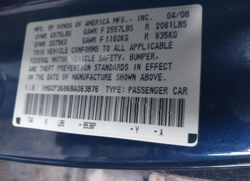 Photo 9 of 2008 Honda Accord 3.5 EX-L (VIN 1HGCP36868A063876)