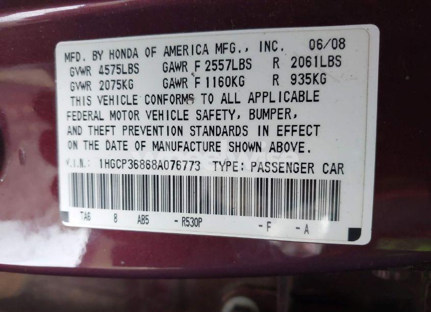 Photo 9 of 2008 Honda Accord 3.5 EX-L (VIN 1HGCP36868A076773)
