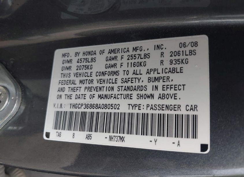 Photo 9 of 2008 Honda Accord 3.5 EX-L (VIN 1HGCP36868A080502)