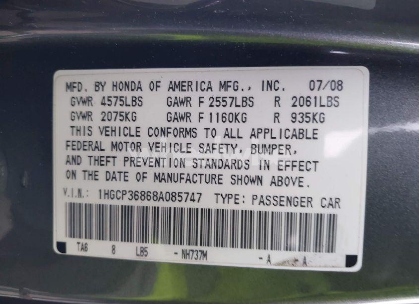 Photo 9 of 2008 Honda Accord 3.5 EX-L (VIN 1HGCP36868A085747)