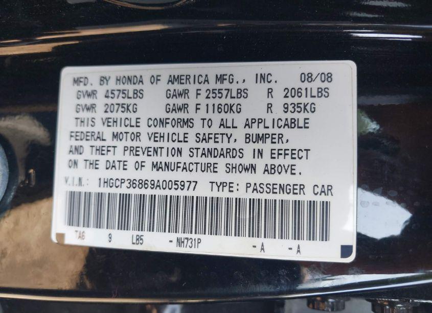 Photo 9 of 2009 Honda Accord 3.5 EX-L (VIN 1HGCP36869A005977)