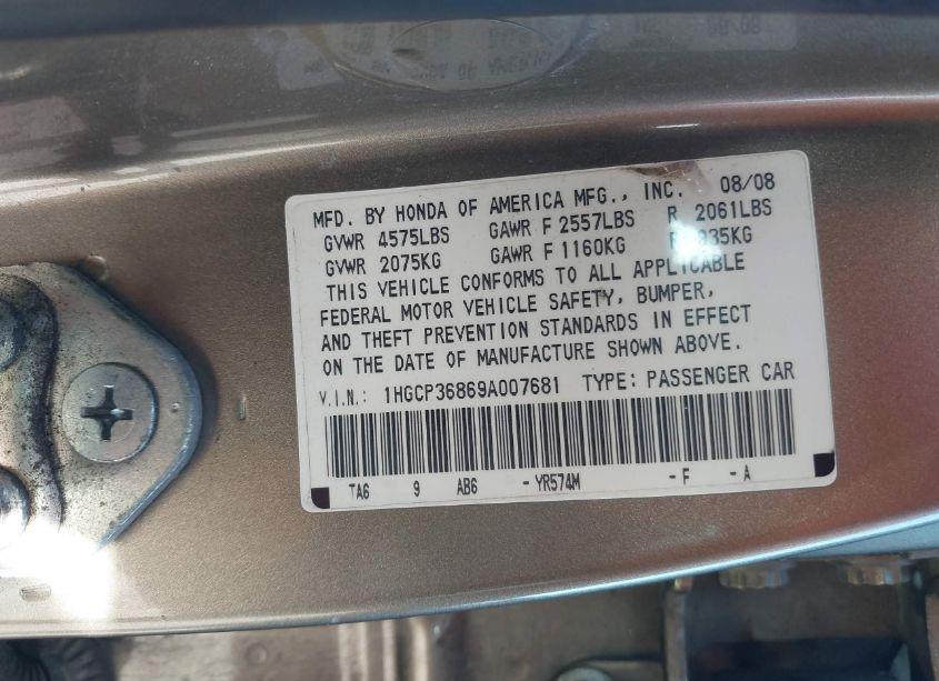 Photo 9 of 2009 Honda Accord 3.5 EX-L (VIN 1HGCP36869A007681)