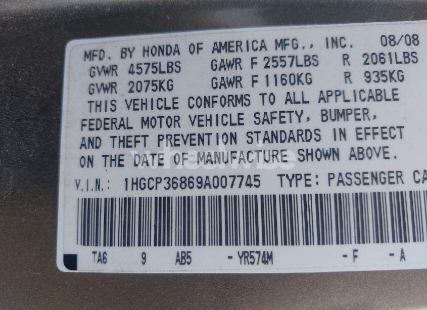 Photo 9 of 2009 Honda Accord 3.5 EX-L (VIN 1HGCP36869A007745)