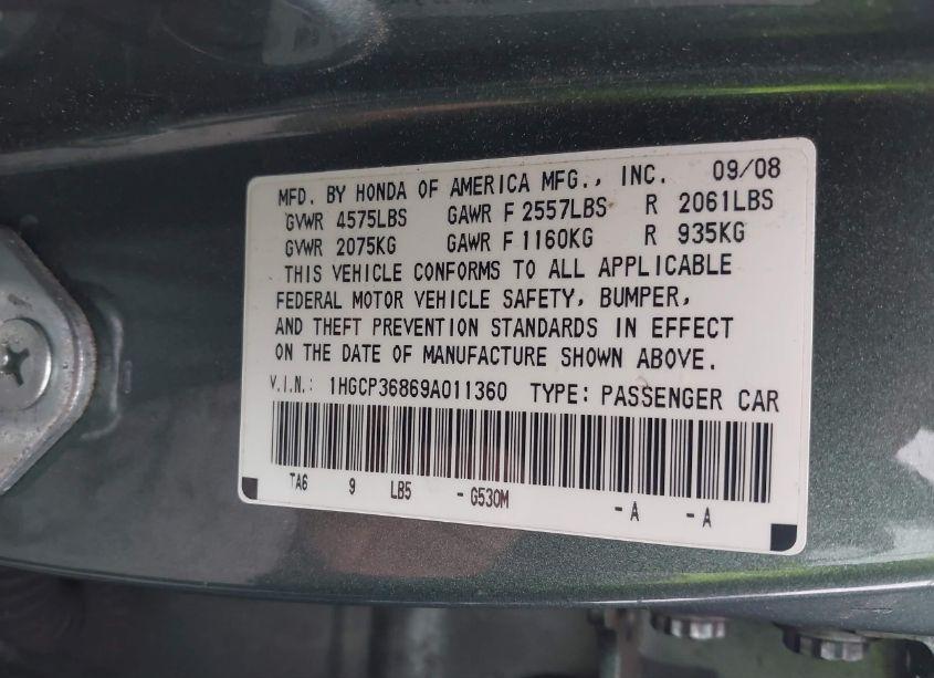 Photo 9 of 2009 Honda Accord 3.5 EX-L (VIN 1HGCP36869A011360)