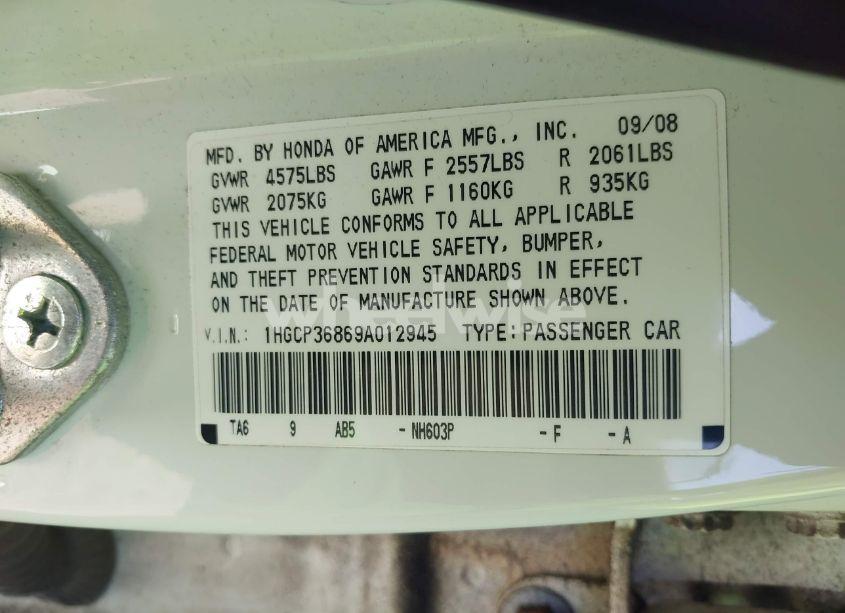Photo 9 of 2009 Honda Accord 3.5 EX-L (VIN 1HGCP36869A012945)