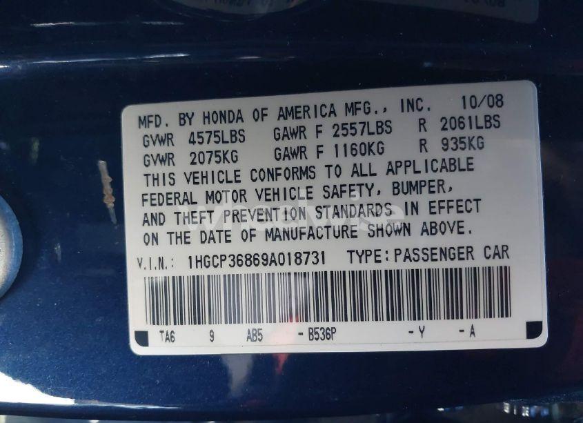 Photo 9 of 2009 Honda Accord 3.5 EX-L (VIN 1HGCP36869A018731)