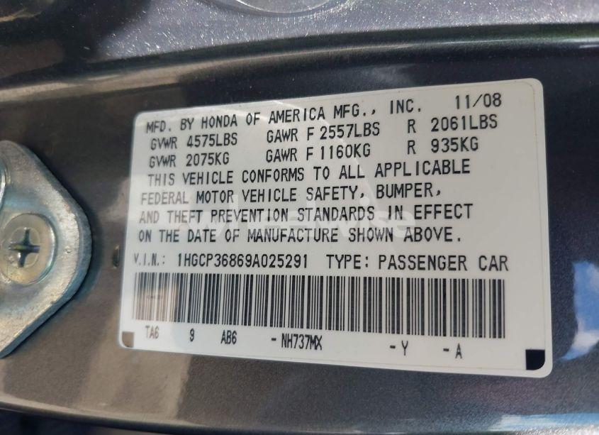 Photo 9 of 2009 Honda Accord 3.5 EX-L (VIN 1HGCP36869A025291)