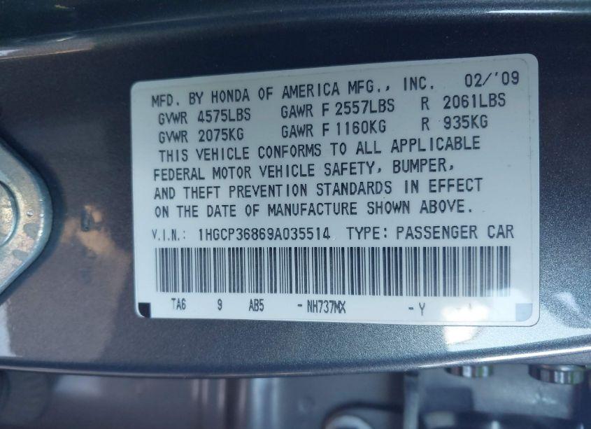 Photo 9 of 2009 Honda Accord 3.5 EX-L (VIN 1HGCP36869A035514)