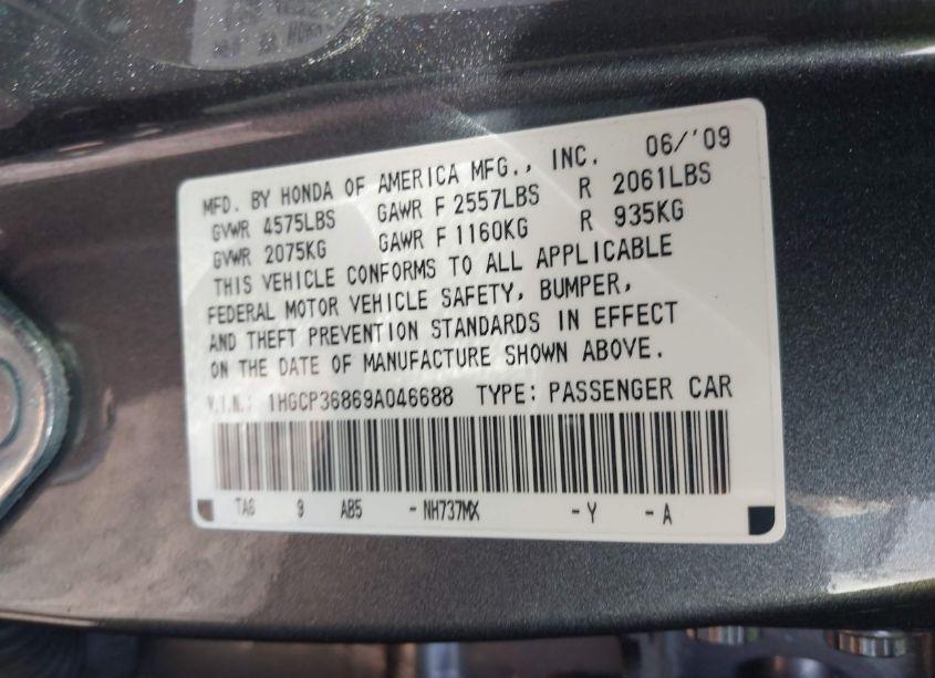 Photo 9 of 2009 Honda Accord 3.5 EX-L (VIN 1HGCP36869A046688)