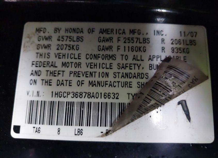 Photo 9 of 2008 Honda Accord 3.5 EX-L (VIN 1HGCP36878A016632)