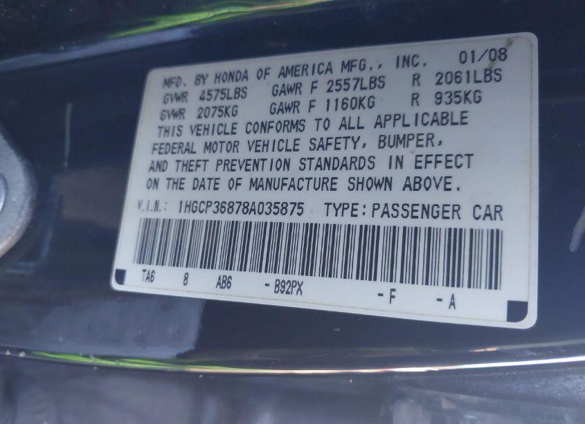 Photo 9 of 2008 Honda Accord 3.5 EX-L (VIN 1HGCP36878A035875)