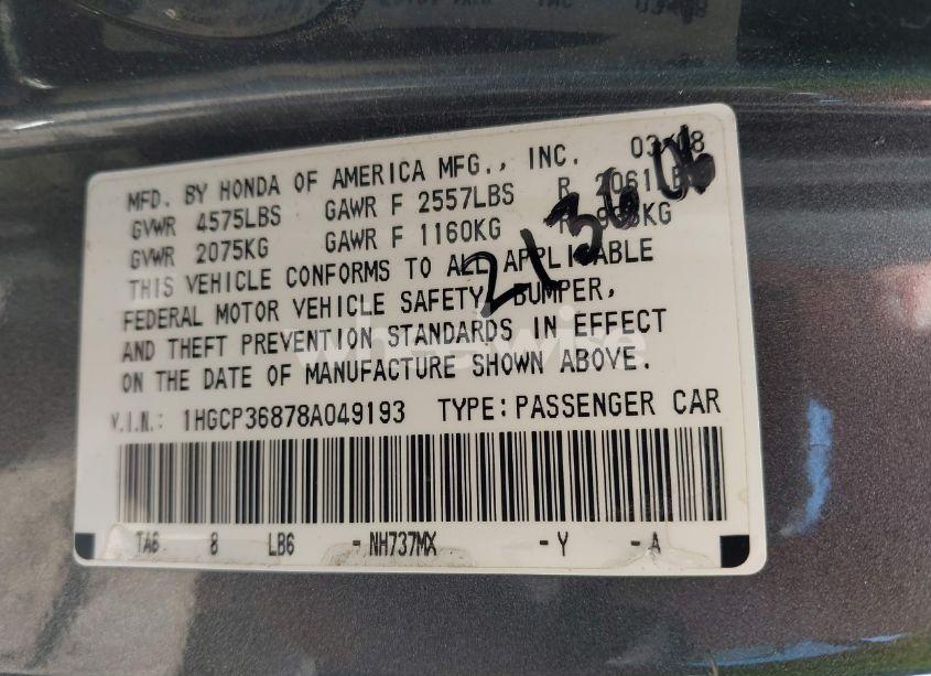 Photo 9 of 2008 Honda Accord 3.5 EX-L (VIN 1HGCP36878A049193)