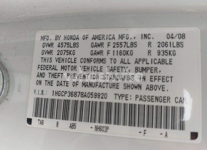 Photo 9 of 2008 Honda Accord 3.5 EX-L (VIN 1HGCP36878A059920)