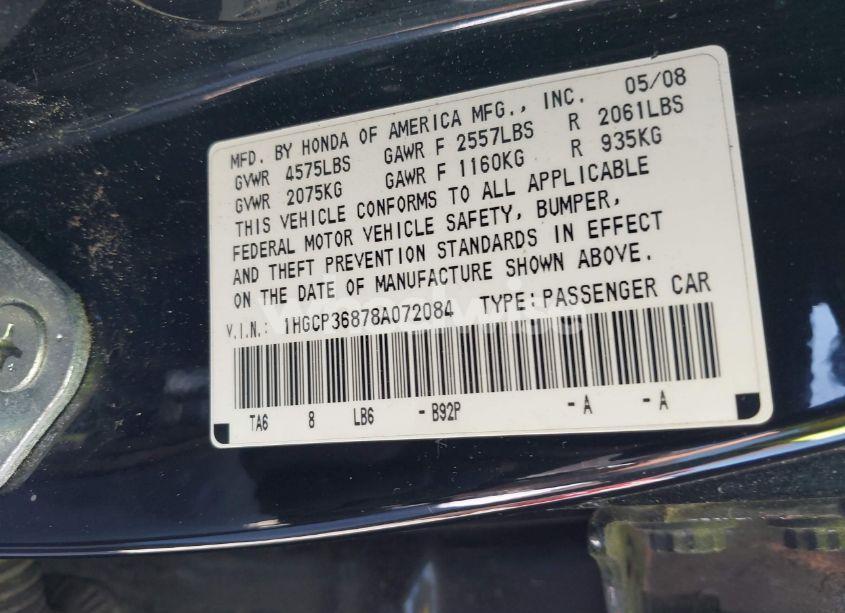 Photo 9 of 2008 Honda Accord 3.5 EX-L (VIN 1HGCP36878A072084)