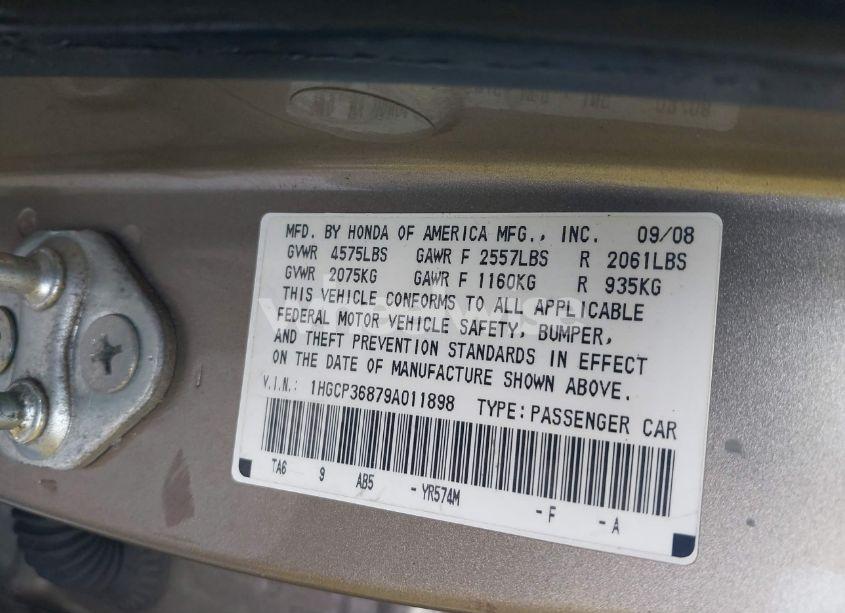 Photo 9 of 2009 Honda Accord 3.5 EX-L (VIN 1HGCP36879A011898)