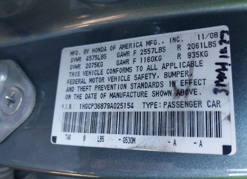 Photo 9 of 2009 Honda Accord 3.5 EX-L (VIN 1HGCP36879A025154)
