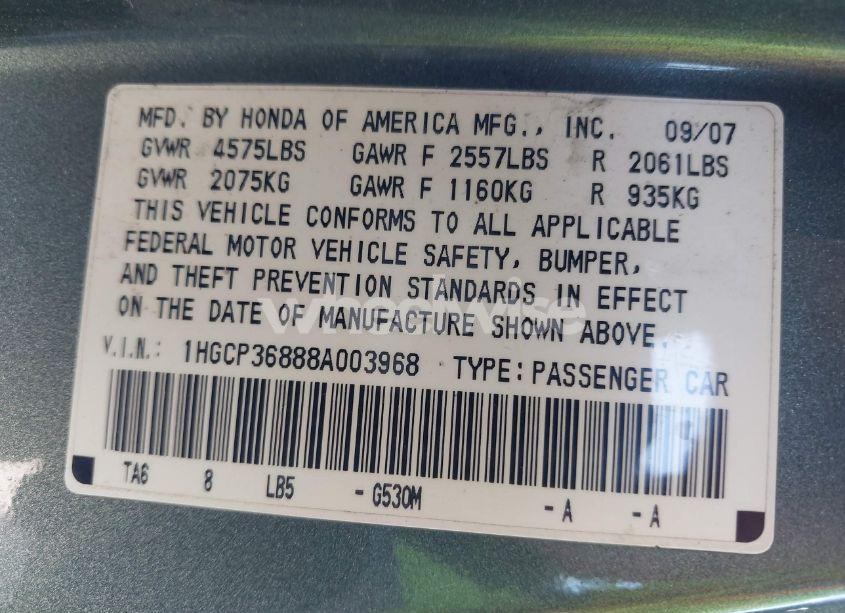 Photo 9 of 2008 Honda Accord 3.5 EX-L (VIN 1HGCP36888A003968)