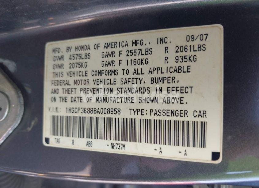 Photo 9 of 2008 Honda Accord 3.5 EX-L (VIN 1HGCP36888A008958)