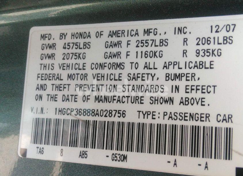 Photo 9 of 2008 Honda Accord 3.5 EX-L (VIN 1HGCP36888A028756)