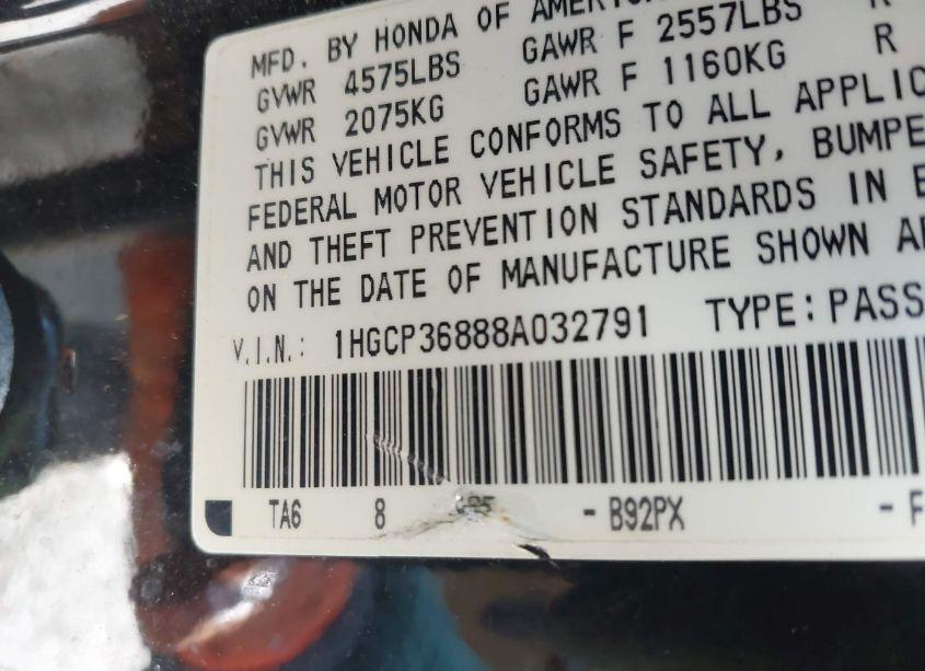 Photo 9 of 2008 Honda Accord 3.5 EX-L (VIN 1HGCP36888A032791)