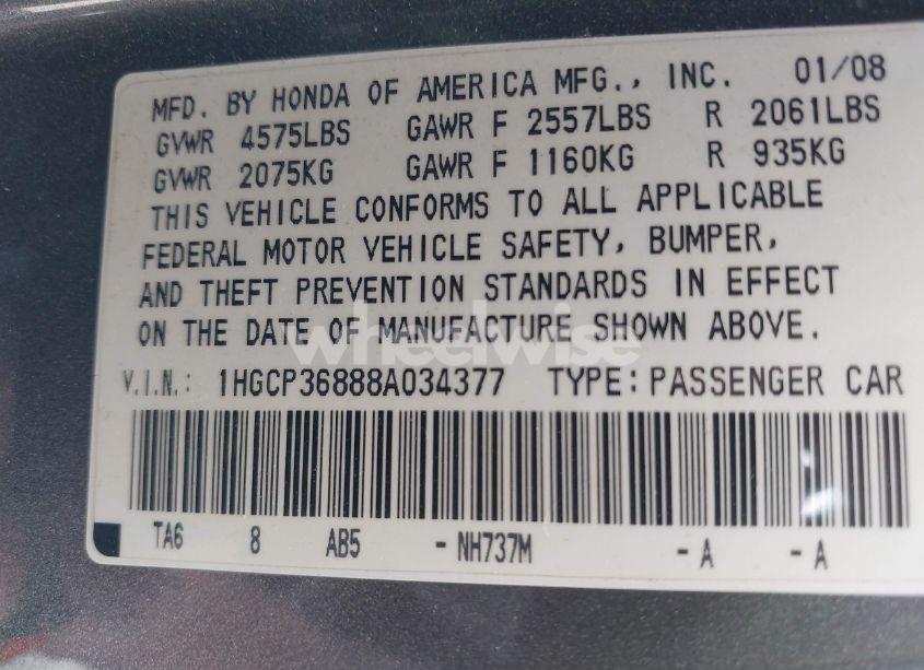 Photo 9 of 2008 Honda Accord 3.5 EX-L (VIN 1HGCP36888A034377)
