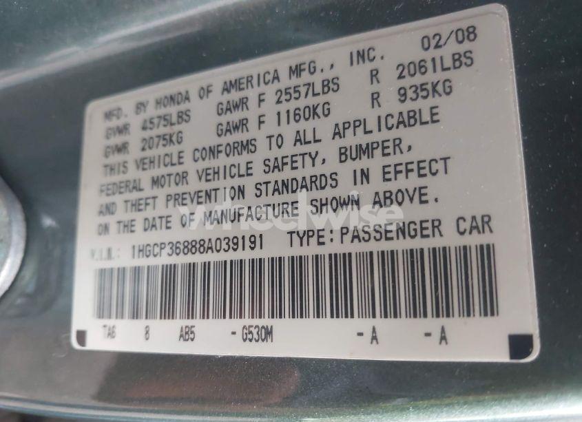 Photo 9 of 2008 Honda Accord 3.5 EX-L (VIN 1HGCP36888A039191)