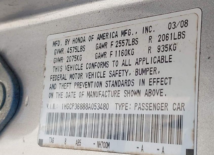 Photo 9 of 2008 Honda Accord 3.5 EX-L (VIN 1HGCP36888A053480)