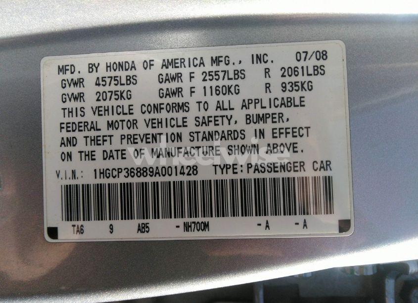 Photo 9 of 2009 Honda Accord 3.5 EX-L (VIN 1HGCP36889A001428)