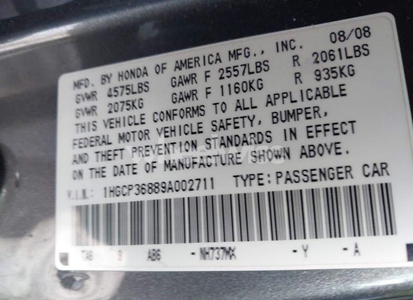 Photo 9 of 2009 Honda Accord 3.5 EX-L (VIN 1HGCP36889A002711)