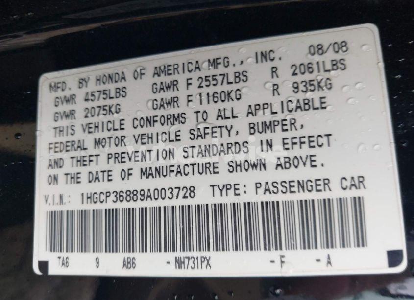 Photo 9 of 2009 Honda Accord 3.5 EX-L (VIN 1HGCP36889A003728)