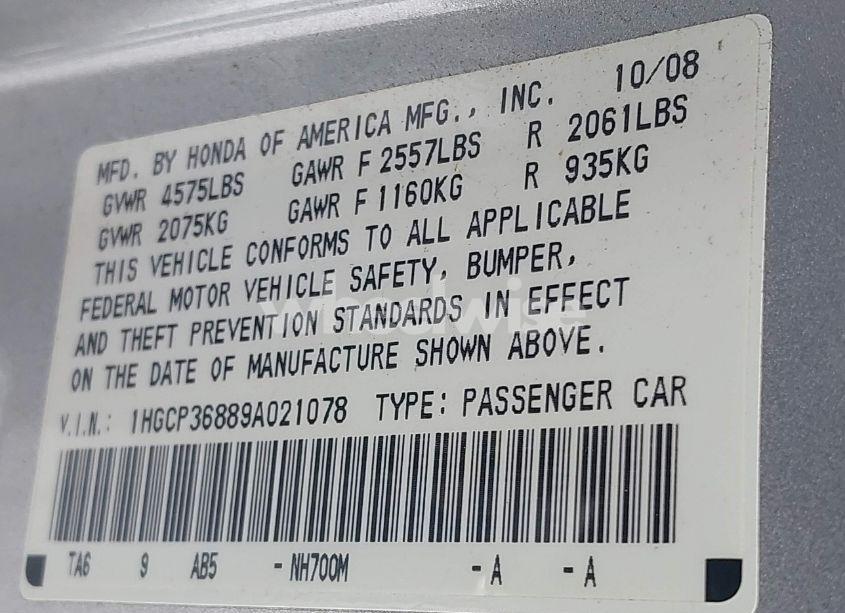 Photo 9 of 2009 Honda Accord 3.5 EX-L (VIN 1HGCP36889A021078)