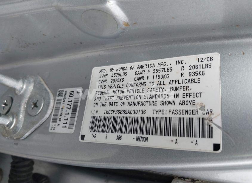 Photo 9 of 2009 Honda Accord SDN (VIN 1HGCP36889A030136)