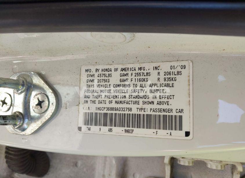 Photo 9 of 2009 Honda Accord 3.5 EX-L (VIN 1HGCP36889A032758)