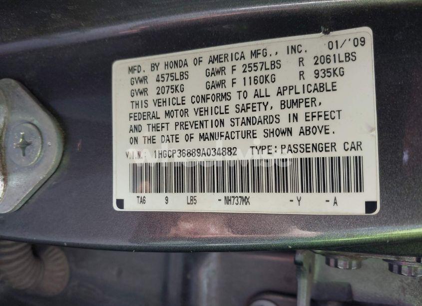 Photo 9 of 2009 Honda Accord 3.5 EX-L (VIN 1HGCP36889A034882)