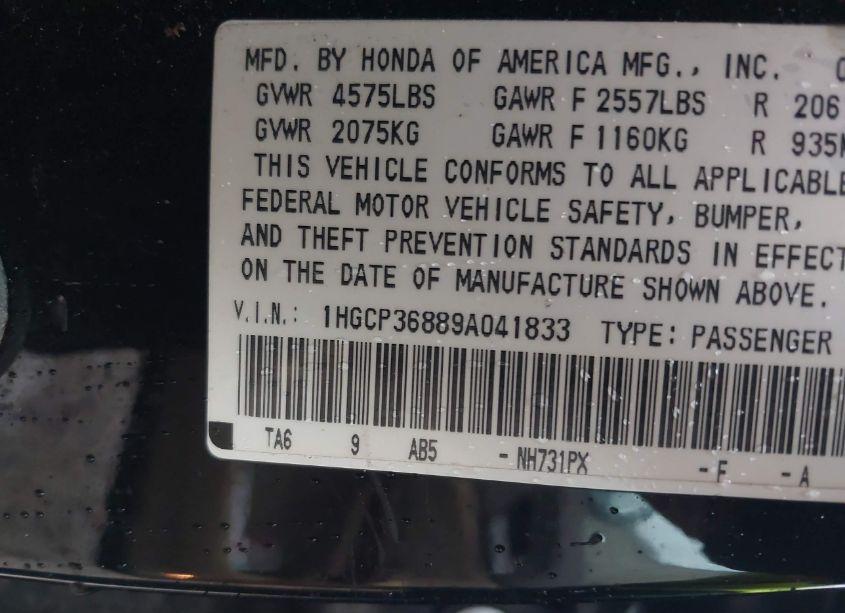 Photo 9 of 2009 Honda Accord 3.5 EX-L (VIN 1HGCP36889A041833)