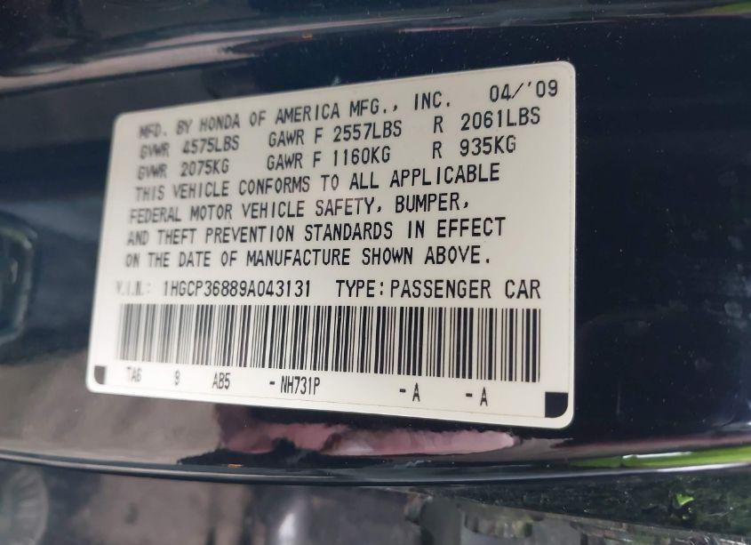 Photo 9 of 2009 Honda Accord 3.5 EX-L (VIN 1HGCP36889A043131)