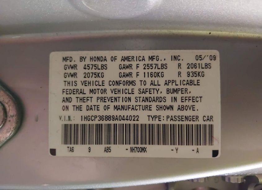 Photo 9 of 2009 Honda Accord 3.5 EX-L (VIN 1HGCP36889A044022)