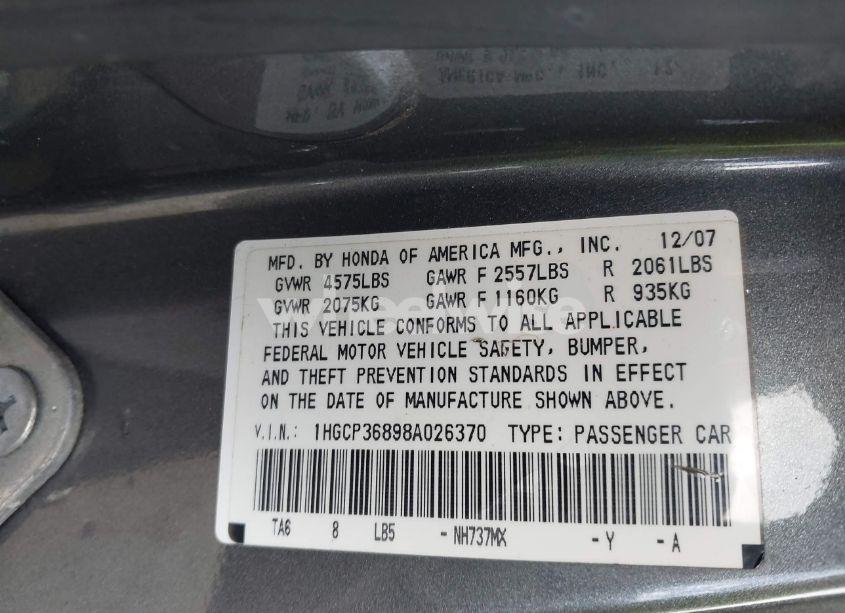 Photo 9 of 2008 Honda Accord 3.5 EX-L (VIN 1HGCP36898A026370)