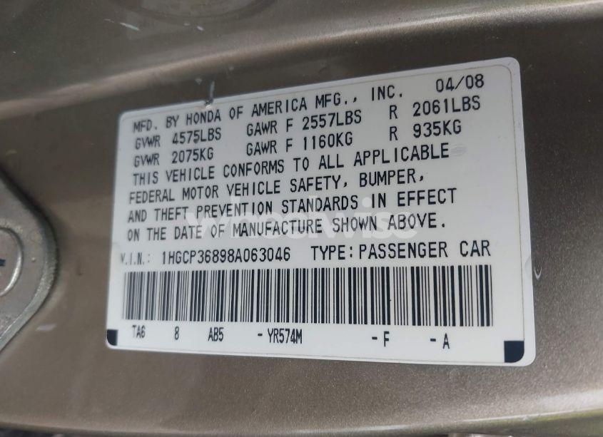 Photo 9 of 2008 Honda Accord 3.5 EX-L (VIN 1HGCP36898A063046)