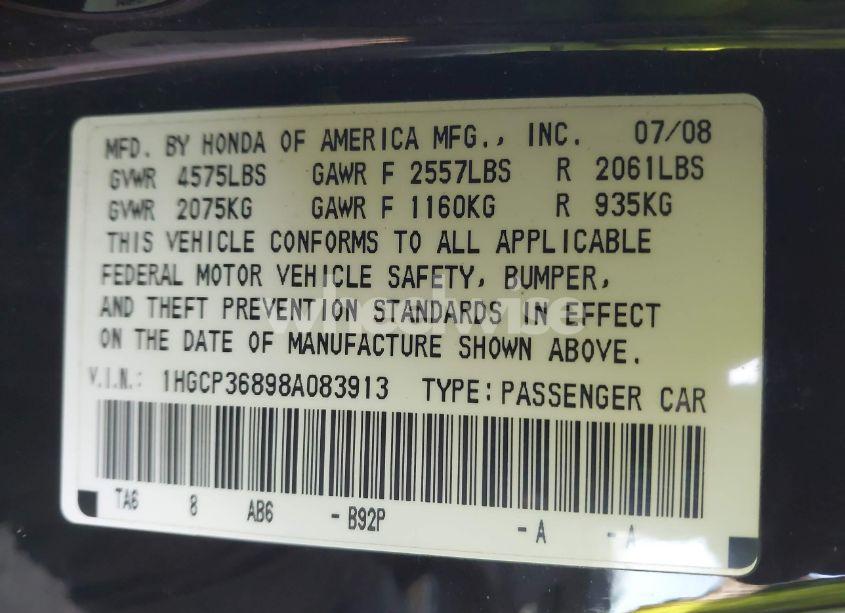 Photo 9 of 2008 Honda Accord 3.5 EX-L (VIN 1HGCP36898A083913)