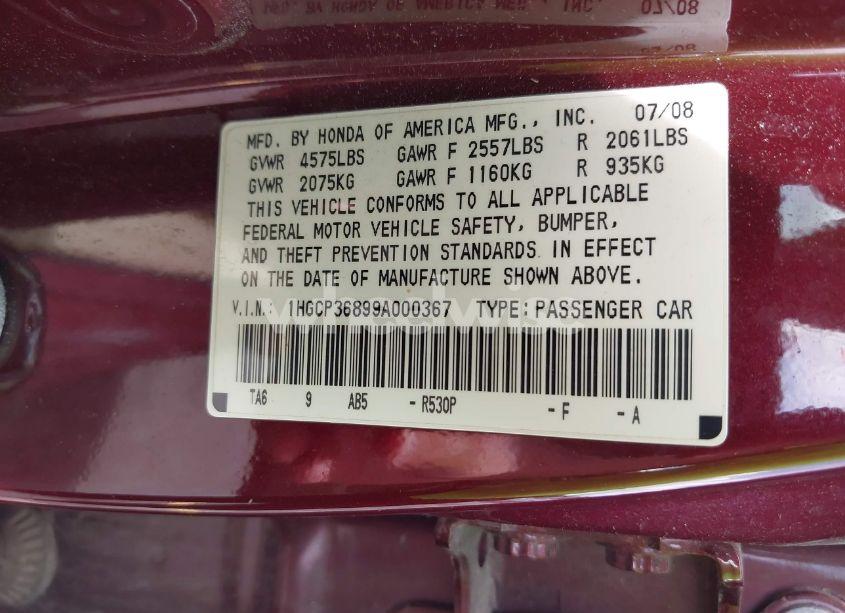 Photo 9 of 2009 Honda Accord 3.5 EX-L (VIN 1HGCP36899A000367)