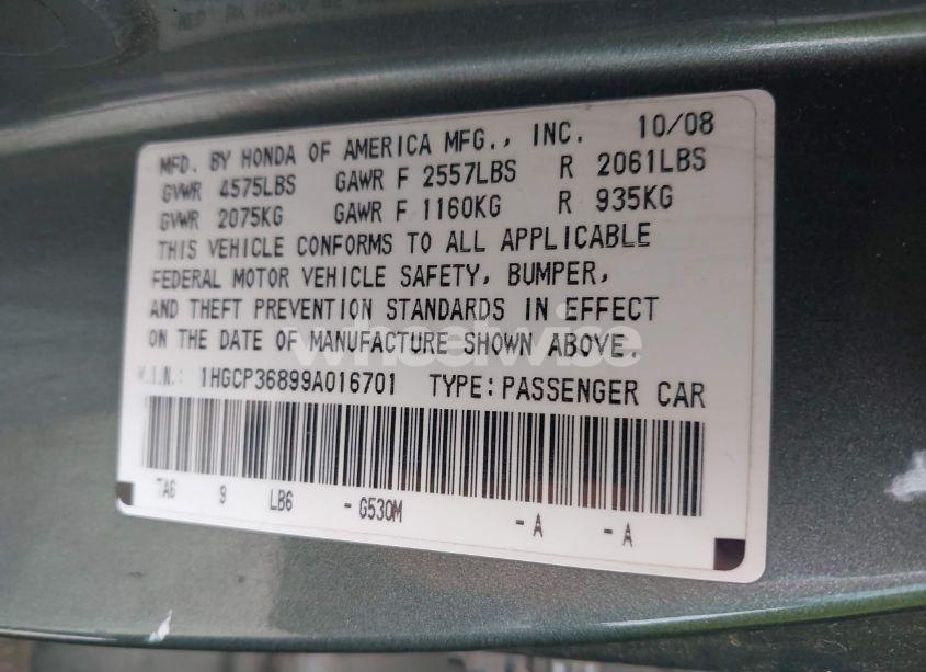 Photo 9 of 2009 Honda Accord 3.5 EX-L (VIN 1HGCP36899A016701)